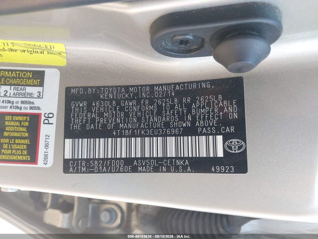 46153638 :رقم المزاد ، 4T1BF1FK3EU376967 vin ، 2014 Toyota Camry Le مزاد بيع