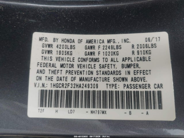 46153655 :رقم المزاد ، 1HGCR2F32HA249309 vin ، 2017 Honda Accord Lx مزاد بيع