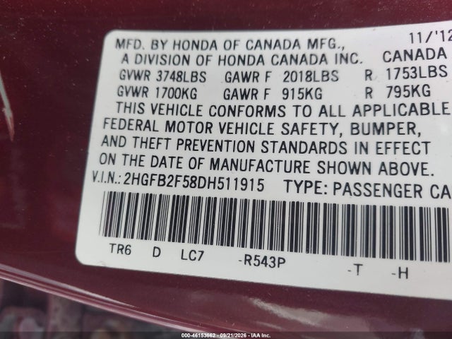 46153662 :رقم المزاد ، 2HGFB2F58DH511915 vin ، 2013 Honda Civic Lx مزاد بيع