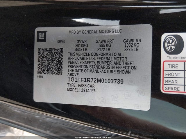 46153666 :رقم المزاد ، 1G1FF1R72M0103739 vin ، 2021 Chevrolet Camaro Lt1 مزاد بيع