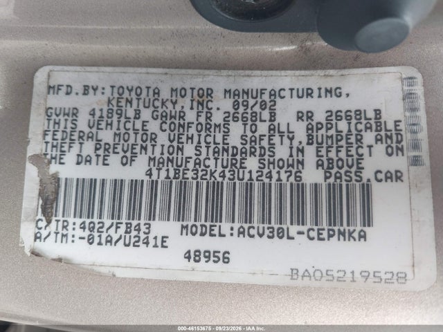 46153675 :رقم المزاد ، 4T1BE32K43U124176 vin ، 2003 Toyota Camry Le مزاد بيع
