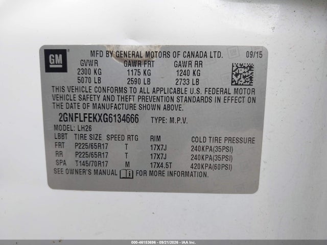 46153696 :رقم المزاد ، 2GNFLFEKXG6134666 vin ، 2016 Chevrolet Equinox Lt مزاد بيع