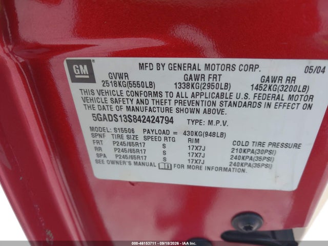 46153711 :رقم المزاد ، 5GADS13S842424794 vin ، 2004 Buick Rainier Cxl Plus مزاد بيع
