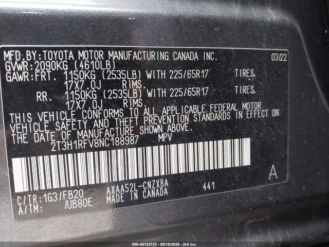 Продаж на аукціоні авто 2022 Toyota Rav4 Le, vin: 2T3H1RFV8NC188987, номер лоту: 46153723