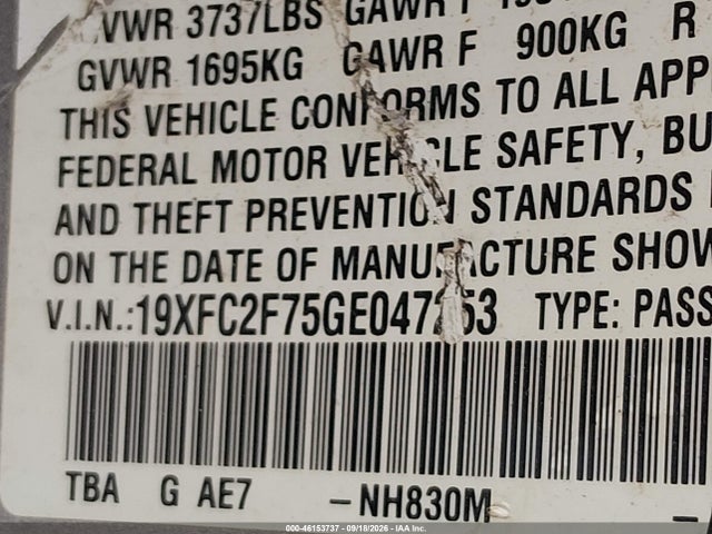 46153737 :رقم المزاد ، 19XFC2F75GE047253 vin ، 2016 Honda Civic Ex مزاد بيع
