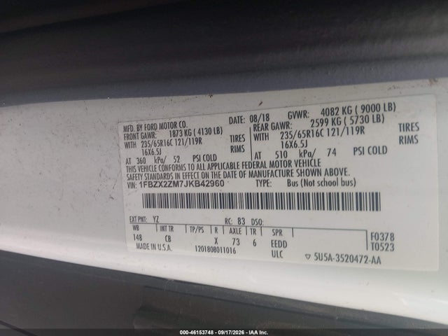 Aukcja sprzedaży 2018 Ford Transit-350 Xl, vin: 1FBZX2ZM7JKB42960, numer aukcji: 46153748