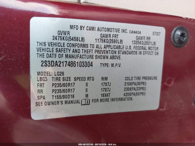 Продаж на аукціоні авто 2008 Suzuki Xl7 Premium, vin: 2S3DA217486103304, номер лоту: 46153749