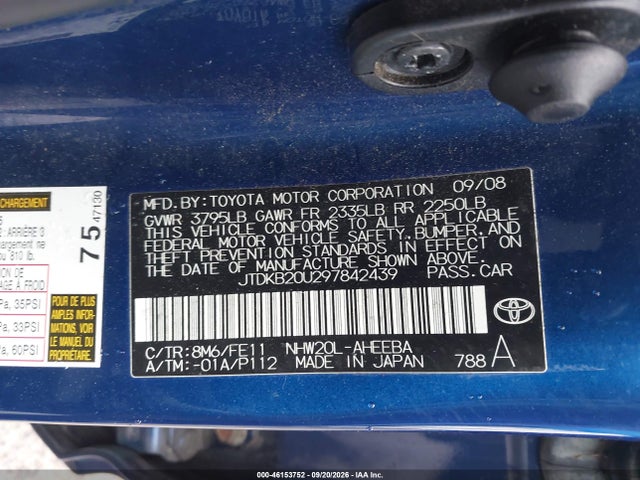 46153752 :رقم المزاد ، JTDKB20U297842439 vin ، 2009 Toyota Prius مزاد بيع