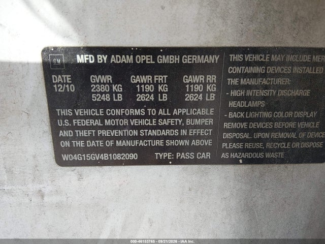 2011 Buick Regal Cxl Turbo Russelsheim მანქანა იყიდება აუქციონზე, vin: W04G15GV4B1082090, აუქციონის ნომერი: 46153765
