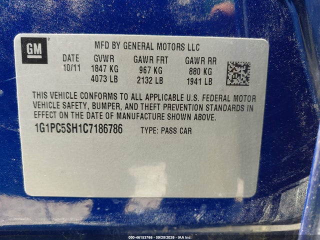 2012 Chevrolet Cruze Ls მანქანა იყიდება აუქციონზე, vin: 1G1PC5SH1C7186786, აუქციონის ნომერი: 46153766