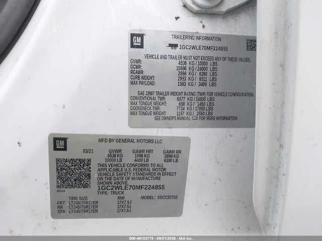 46153775 :رقم المزاد ، 1GC2WLE70MF224855 vin ، 2021 Chevrolet Silverado 2500hd Work Truck مزاد بيع