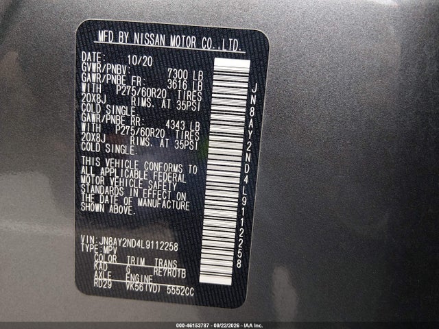 Продаж на аукціоні авто 2020 Nissan Armada Sl 2wd, vin: JN8AY2ND4L9112258, номер лоту: 46153787