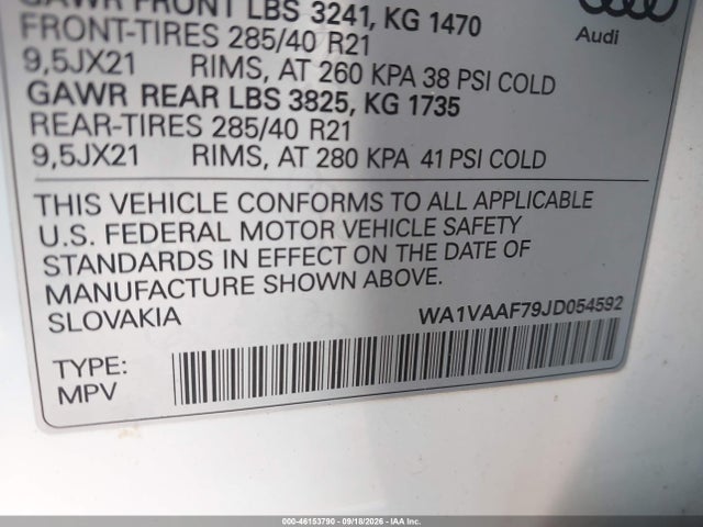 Продаж на аукціоні авто 2018 Audi Q7 3.0t Premium, vin: WA1VAAF79JD054592, номер лоту: 46153790