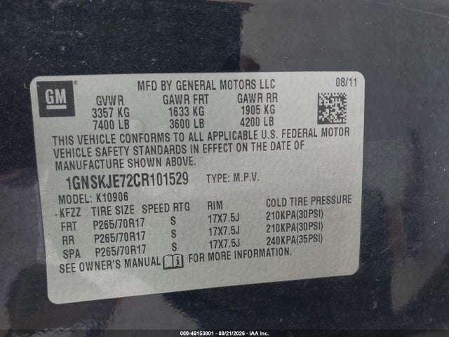 Aukcja sprzedaży 2012 Chevrolet Suburban 1500 Lt, vin: 1GNSKJE72CR101529, numer aukcji: 46153801