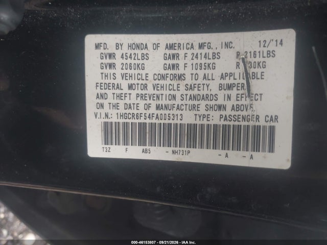 46153807 :رقم المزاد ، 1HGCR6F54FA005313 vin ، 2015 Honda Accord Hybrid Ex-l مزاد بيع