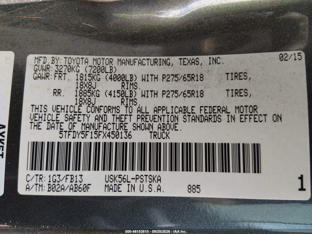 46153810 :رقم المزاد ، 5TFDY5F15FX450136 vin ، 2015 Toyota Tundra Sr5 5.7l V8 مزاد بيع