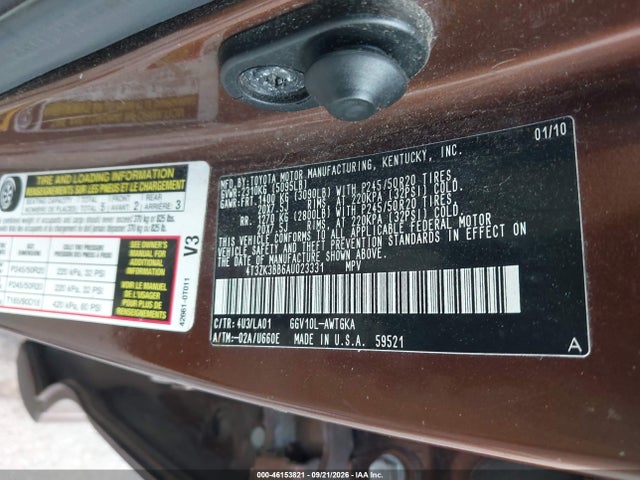 Aukcja sprzedaży 2010 Toyota Venza Base V6, vin: 4T3ZK3BB6AU023331, numer aukcji: 46153821