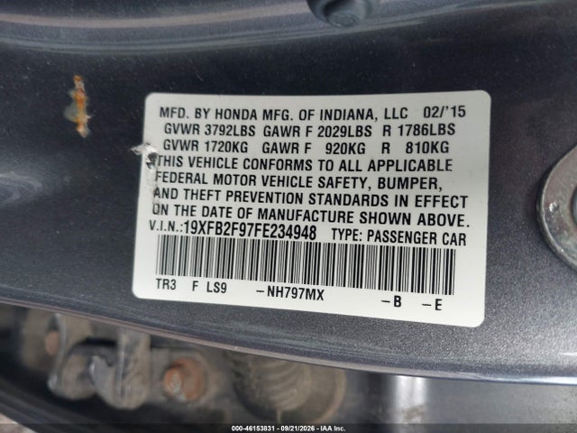 Продаж на аукціоні авто 2015 Honda Civic Ex-l, vin: 19XFB2F97FE234948, номер лоту: 46153831