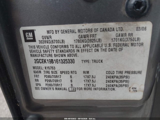 46153832 :رقم المزاد ، 2GCEK19B161325330 vin ، 2006 Chevrolet Silverado 1500 Lt1 مزاد بيع