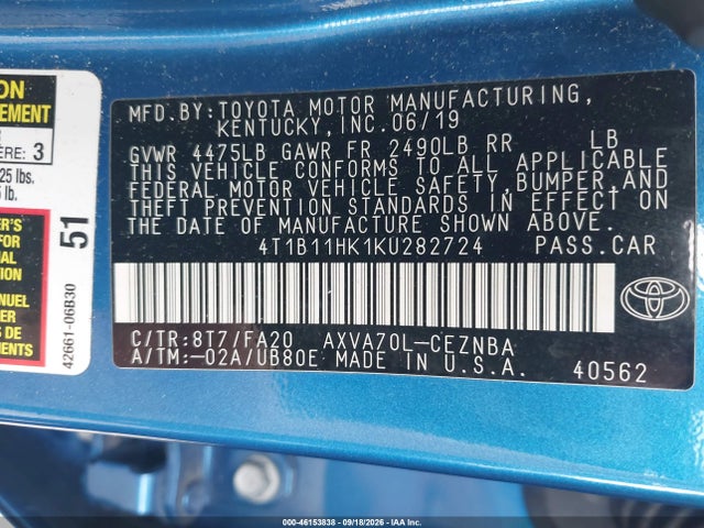 Aukcja sprzedaży 2019 Toyota Camry Le, vin: 4T1B11HK1KU282724, numer aukcji: 46153838
