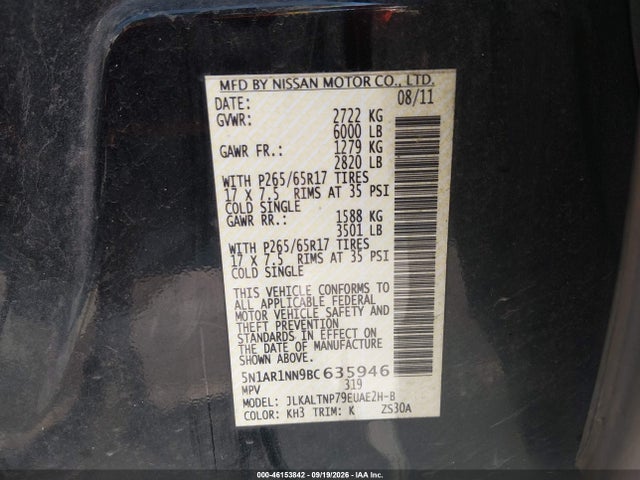 2011 Nissan Pathfinder Silver მანქანა იყიდება აუქციონზე, vin: 5N1AR1NN9BC635946, აუქციონის ნომერი: 46153842