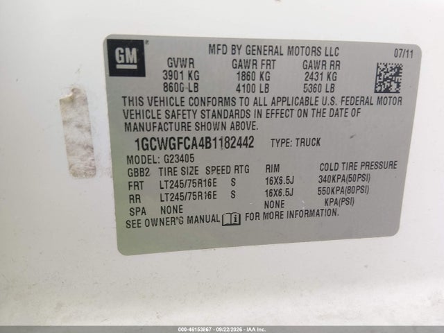 Aukcja sprzedaży 2011 Chevrolet Express 2500 Work Van, vin: 1GCWGFCA4B1182442, numer aukcji: 46153867