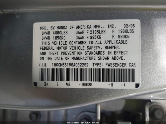 Aukcja sprzedaży 2006 Honda Accord 2.4 Vp, vin: 1HGCM56196A092292, numer aukcji: 46153871