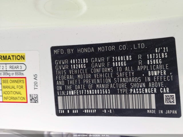 Продаж на аукціоні авто 2022 Honda Civic Ex, vin: JHMFE1F79NX003563, номер лоту: 46153884