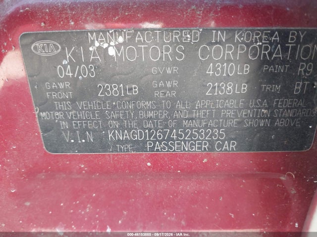 Aukcja sprzedaży 2004 Kia Optima Ex/lx, vin: KNAGD126745253235, numer aukcji: 46153885