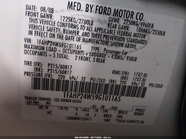 Продаж на аукціоні авто 2009 Ford Taurus Sel, vin: 1FAHP24W59G101165, номер лоту: 46153896
