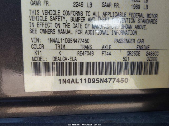 Aukcja sprzedaży 2005 Nissan Altima 2.5 S, vin: 1N4AL11D95N477450, numer aukcji: 46153897