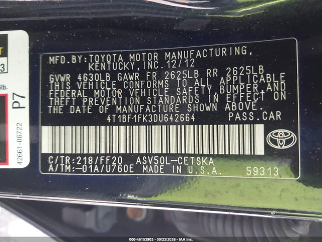 Продажа на аукционе авто 2013 Toyota Camry Se, vin: 4T1BF1FK3DU642664, номер лота: 46153903