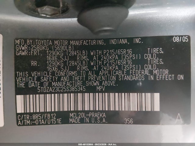 Продаж на аукціоні авто 2005 Toyota Sienna Le, vin: 5TDZA23C25S385345, номер лоту: 46153904
