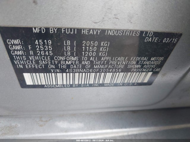 2015 Subaru Legacy 2.5i Premium მანქანა იყიდება აუქციონზე, vin: 4S3BNAD60F3054856, აუქციონის ნომერი: 46153913