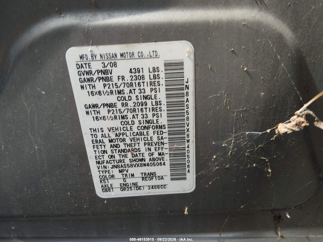 46153915 :رقم المزاد ، JN8AS58VX8W405064 vin ، 2008 Nissan Rogue S مزاد بيع