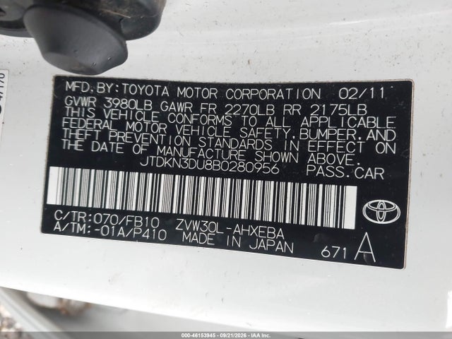 Aukcja sprzedaży 2011 Toyota Prius Two, vin: JTDKN3DU8B0280956, numer aukcji: 46153945