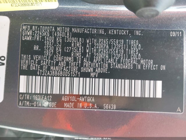 Aukcja sprzedaży 2011 Toyota Venza, vin: 4T3ZA3BB6BU051571, numer aukcji: 46153957