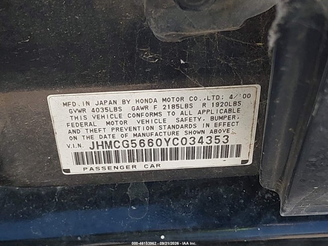 2000 Honda Accord 2.3 Ex მანქანა იყიდება აუქციონზე, vin: JHMCG5660YC034353, აუქციონის ნომერი: 46153962
