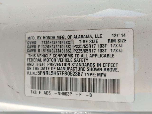 Honda Odyssey Ex-l 2015 5FNRL5H67FB052367 Image 9