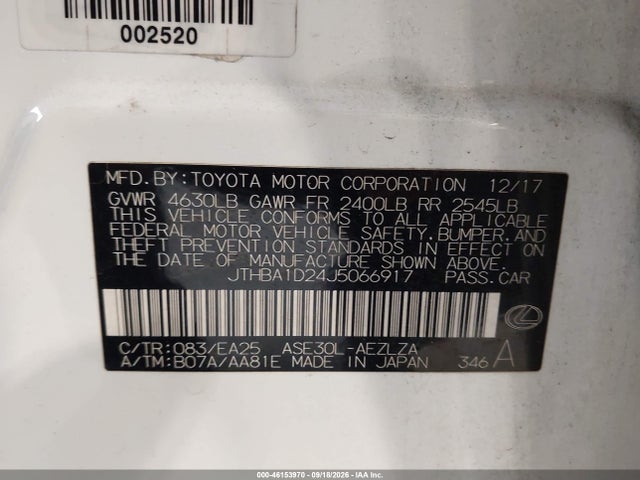 46153970 :رقم المزاد ، JTHBA1D24J5066917 vin ، 2018 Lexus Is 300 مزاد بيع