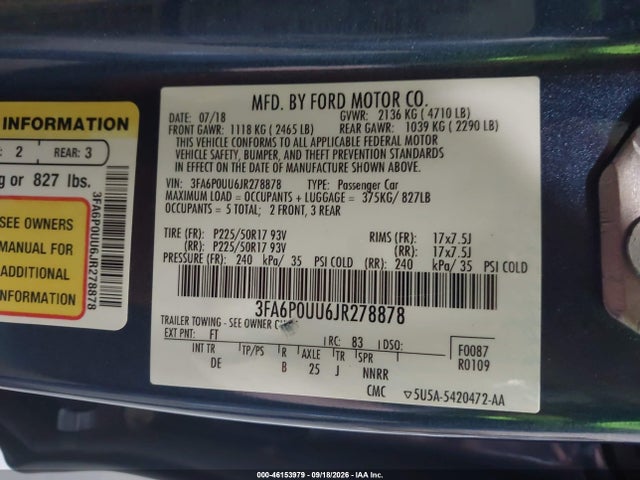 Продажа на аукционе авто 2018 Ford Fusion Hybrid S, vin: 3FA6P0UU6JR278878, номер лота: 46153979