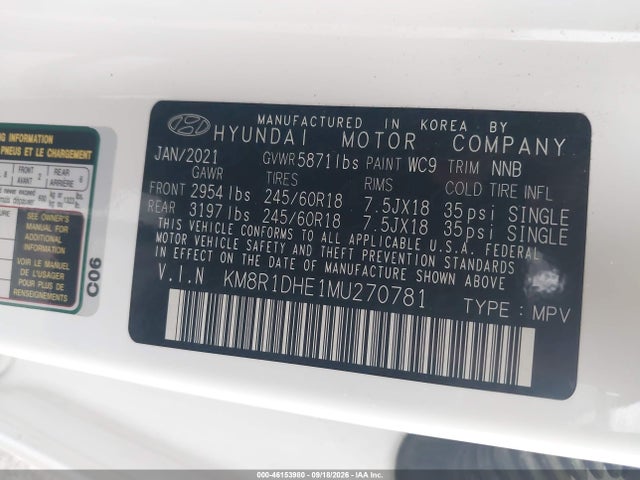 Aukcja sprzedaży 2021 Hyundai Palisade Se, vin: KM8R1DHE1MU270781, numer aukcji: 46153980