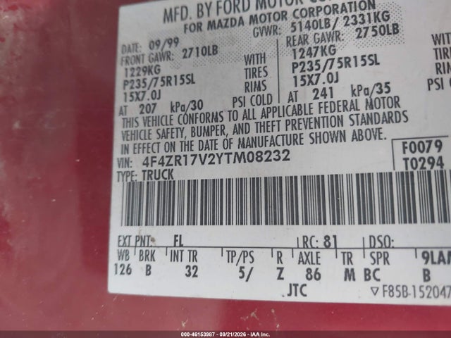 2000 Mazda B3000 Se მანქანა იყიდება აუქციონზე, vin: 4F4ZR17V2YTM08232, აუქციონის ნომერი: 46153987