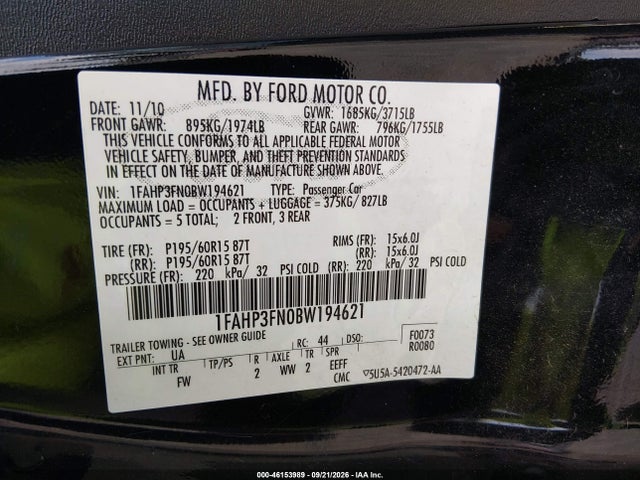 Aukcja sprzedaży 2011 Ford Focus Se, vin: 1FAHP3FN0BW194621, numer aukcji: 46153989