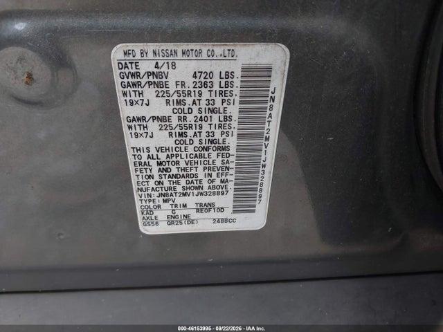 46153995 :رقم المزاد ، JN8AT2MV1JW328897 vin ، 2018 Nissan Rogue Sl مزاد بيع