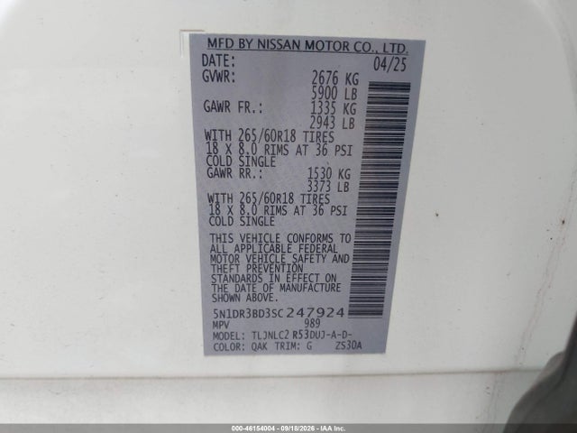 46154004 :رقم المزاد ، 5N1DR3BD3SC247924 vin ، 2025 Nissan Pathfinder Rock Creek 4wd مزاد بيع