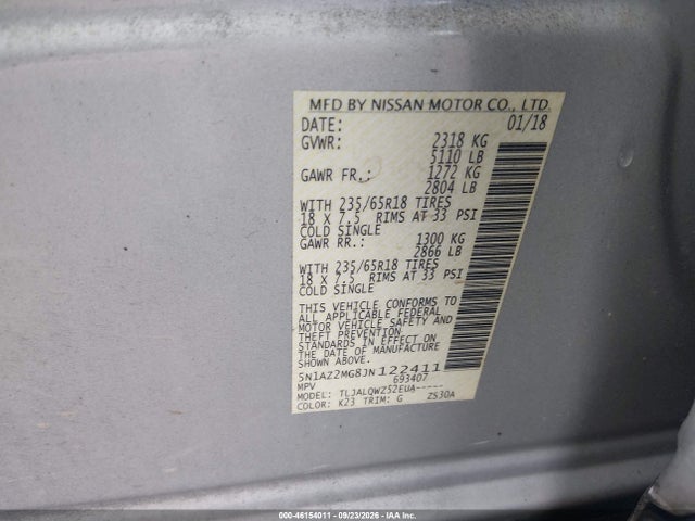 Aukcja sprzedaży 2018 Nissan Murano Sv, vin: 5N1AZ2MG8JN122411, numer aukcji: 46154011