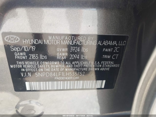 46154030 :رقم المزاد ، 5NPD84LF1LH535752 vin ، 2020 Hyundai Elantra Sel مزاد بيع