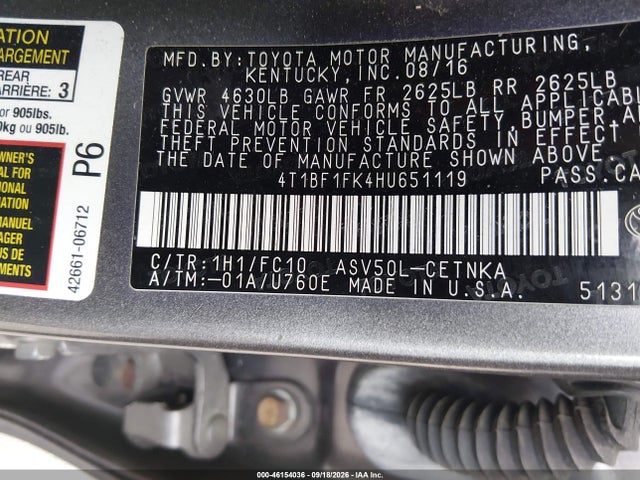 46154036 :رقم المزاد ، 4T1BF1FK4HU651119 vin ، 2017 Toyota Camry Le مزاد بيع