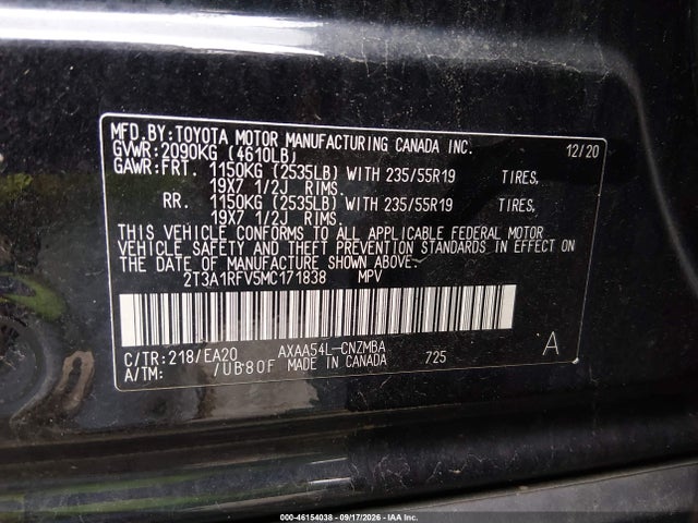 Aukcja sprzedaży 2021 Toyota Rav4 Xle Premium, vin: 2T3A1RFV5MC171838, numer aukcji: 46154038